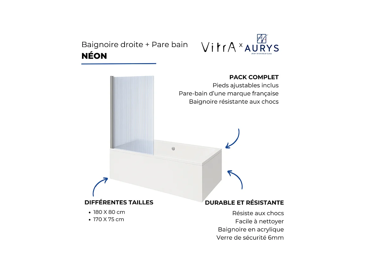 Baignoire rectangulaire VITRA Neon 180x80cm + Pare bain gauche AURYS Raywall chromé profilé gauche