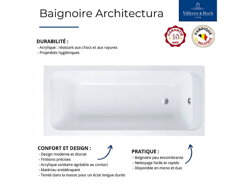 Baignoire droite VILLEROY & BOCH Architectura avec pieds acrylique 160 x 70 cm  + Pare bain droite AURYS Mist 1 chromé