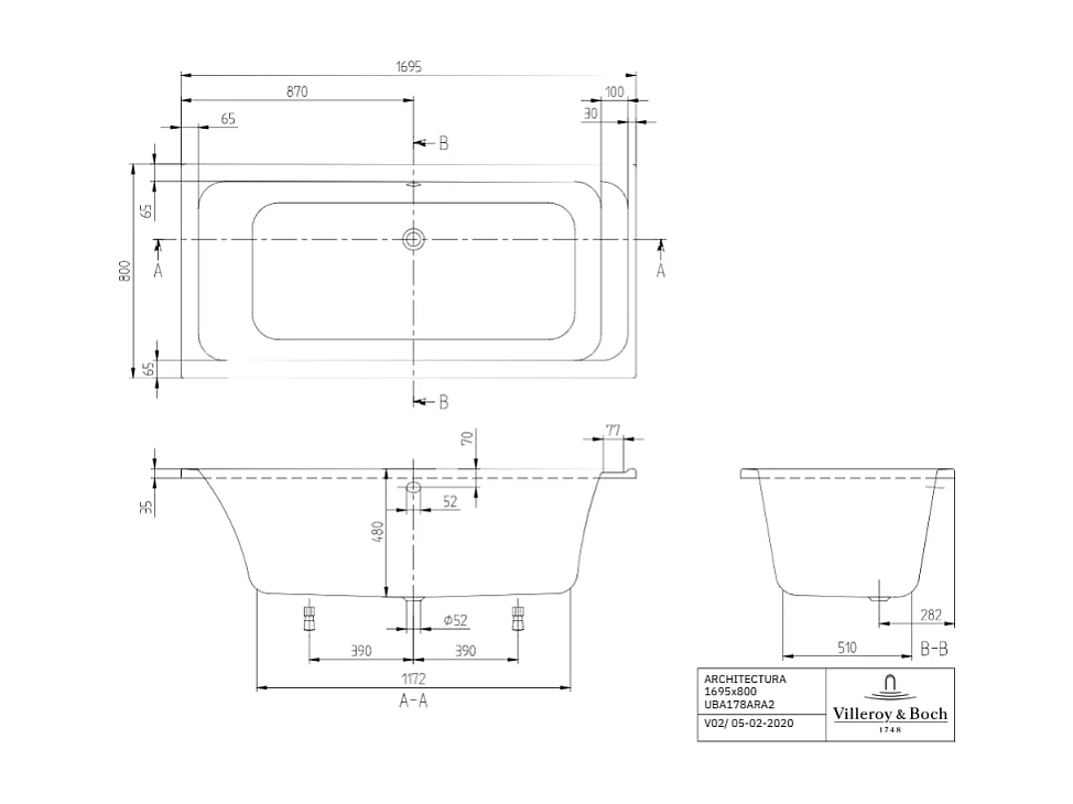 Baignoire droite VILLEROY & BOCH Architectura acrylique 170 x 80 cm  + Pare bain droite AURYS Mist 1 chromé