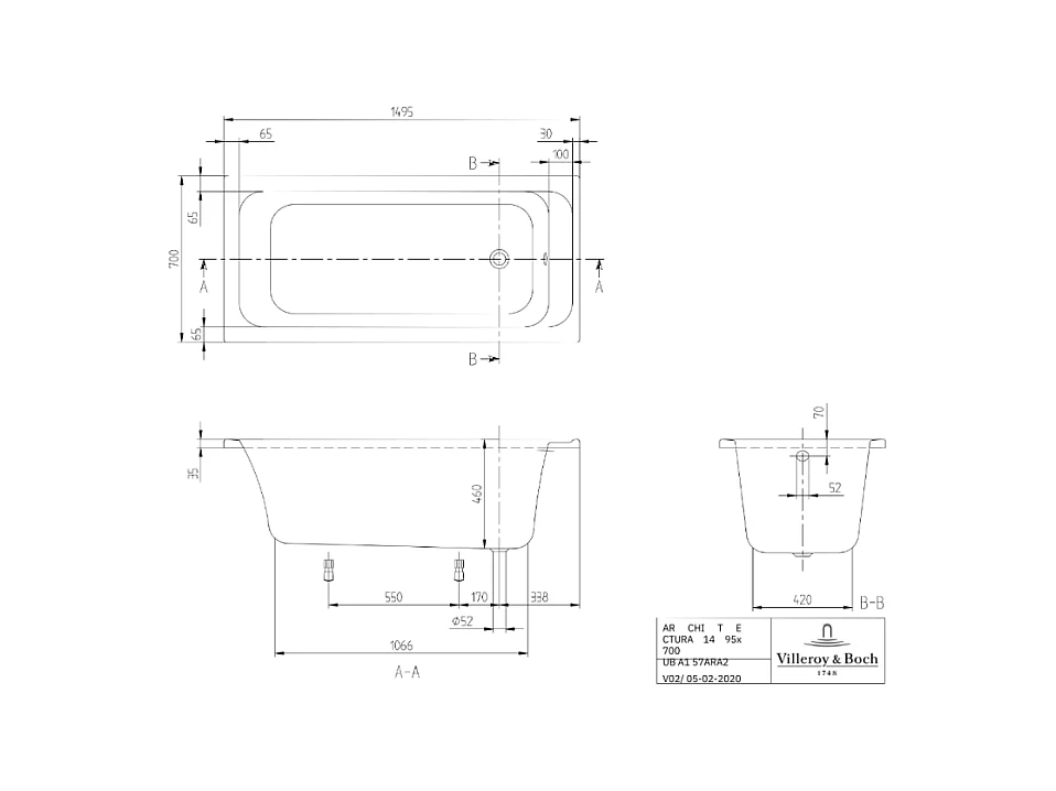 Baignoire droite VILLEROY & BOCH Architectura avec pieds acrylique 150 x 70 cm  + Pare bain gauche AURYS Raywall chromé