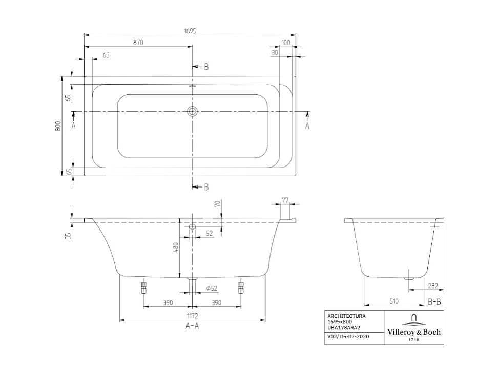 Baignoire droite VILLEROY & BOCH Architectura avec pieds acrylique 170 x 80 cm  + Pare bain gauche AURYS Raywall chromé