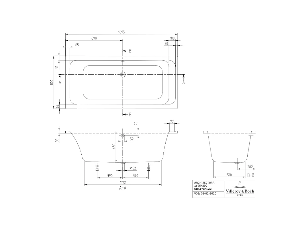 Baignoire droite VILLEROY & BOCH Architectura acrylique 170 x 80 cm  + Pare bain gauche AURYS Raywall chromé