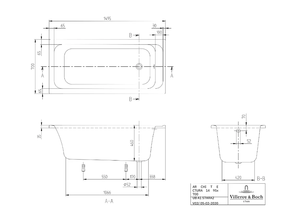 Baignoire droite VILLEROY & BOCH Architectura acrylique 150 x 70 cm  + Pare bain gauche AURYS Mist 1 chromé