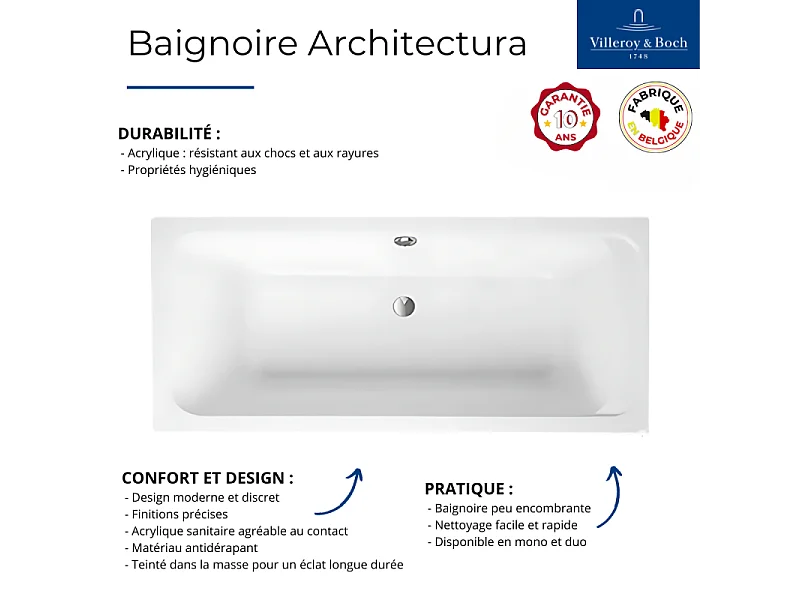 Baignoire droite VILLEROY & BOCH Architectura acrylique 180 x 80 cm  + Pare bain gauche AURYS Raywall chromé