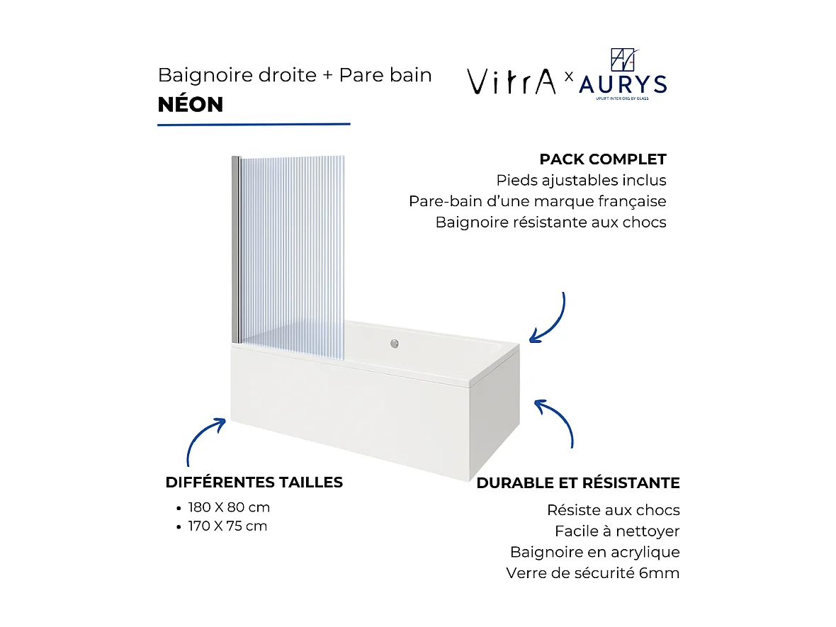 Baignoire rectangulaire VITRA Neon 180x80cm + Pare bain droit AURYS Raywall chromé profilé droite