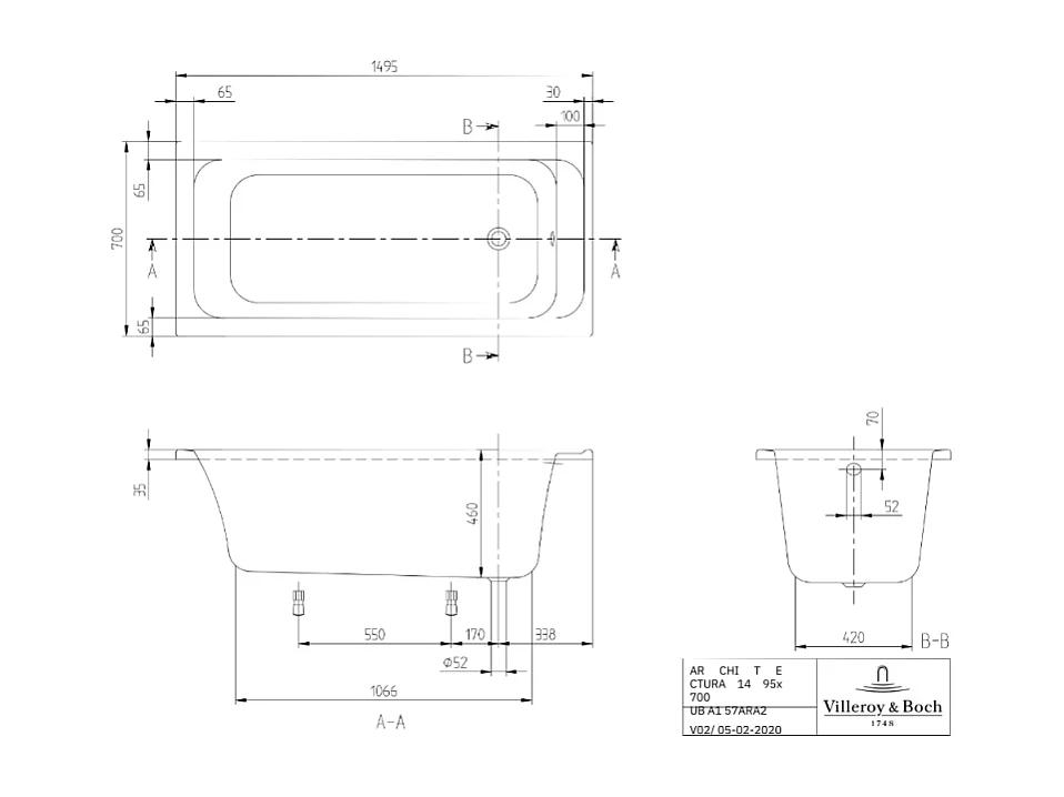Baignoire droite VILLEROY & BOCH Architectura avec pieds acrylique 150 x 70 cm  + Pare bain droite AURYS Raywall chromé