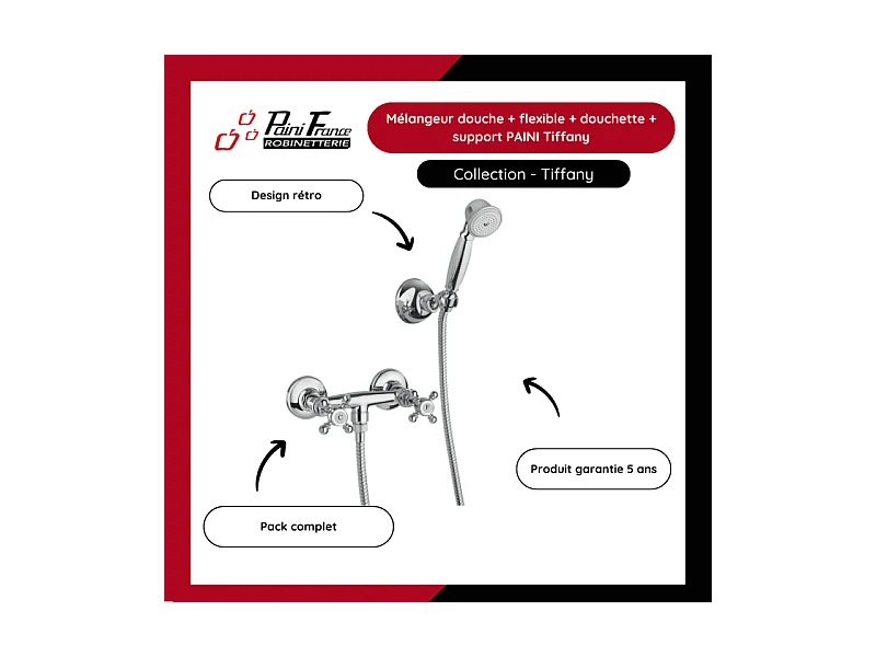 Mélangeur douche + flexible + douchette + support PAINI Tiffany Chromé