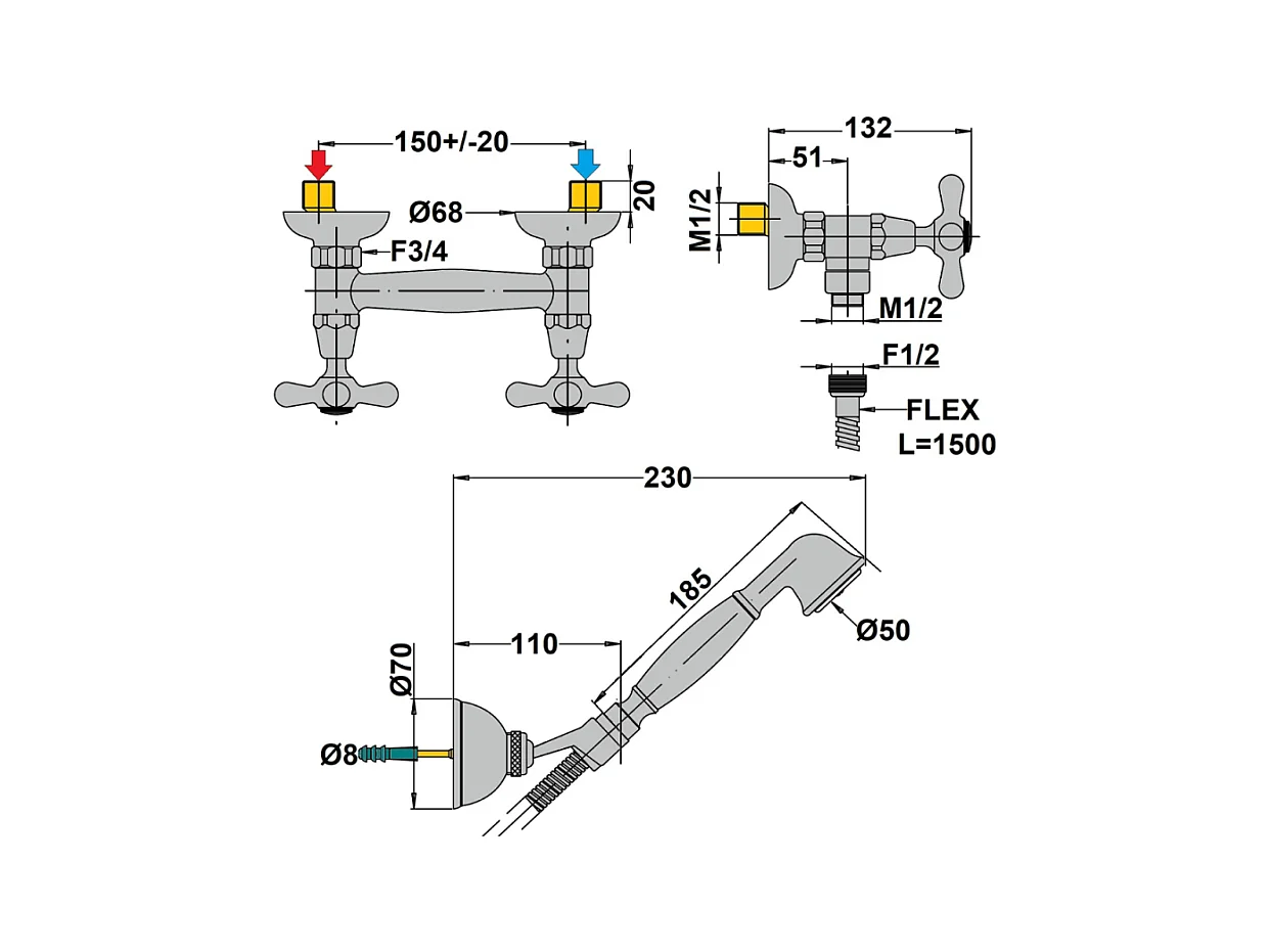 Mélangeur douche + flexible + douchette + support PAINI Tiffany Chromé