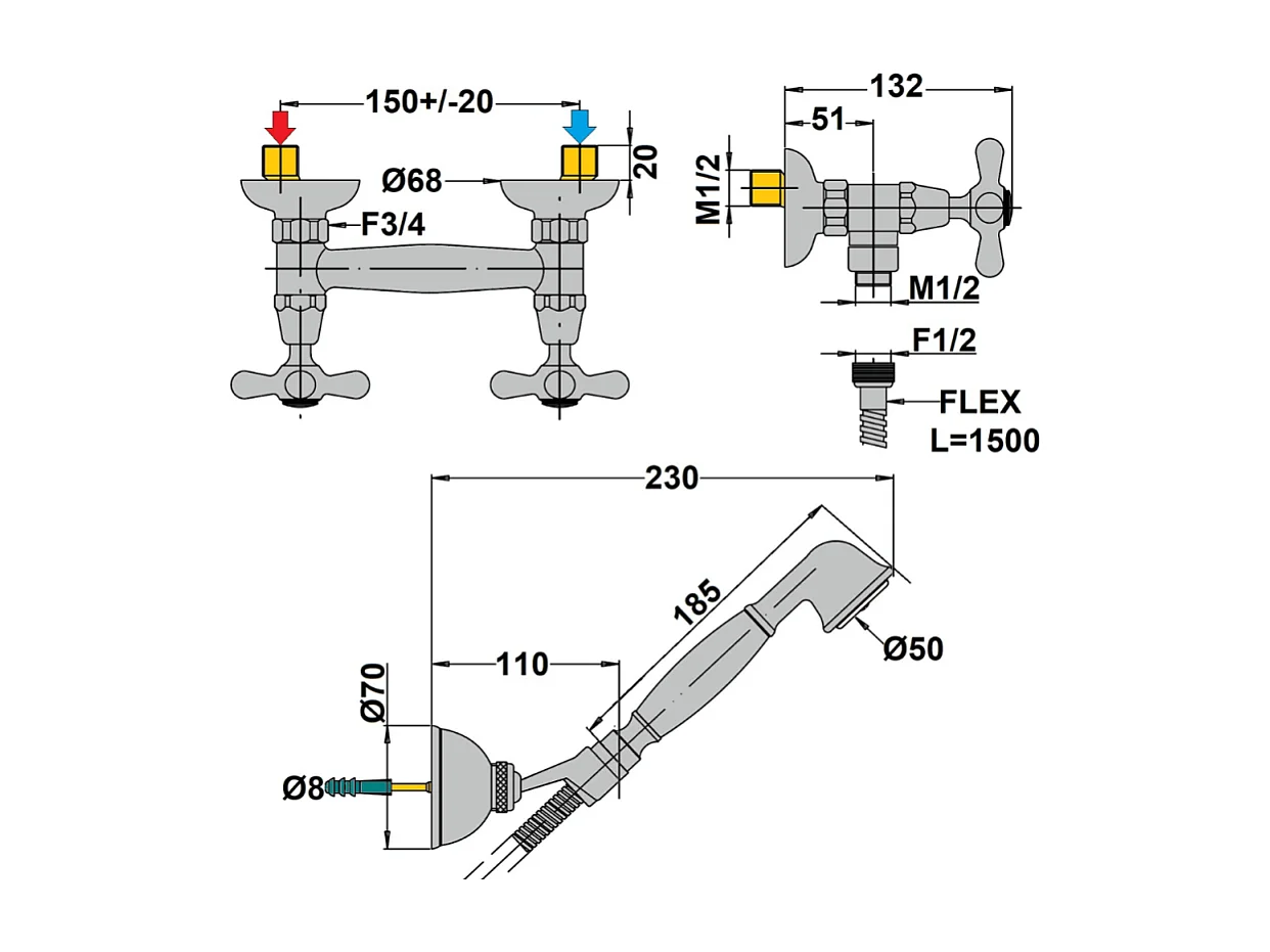 Mélangeur douche + flexible + douchette + support PAINI Tiffany Chromé