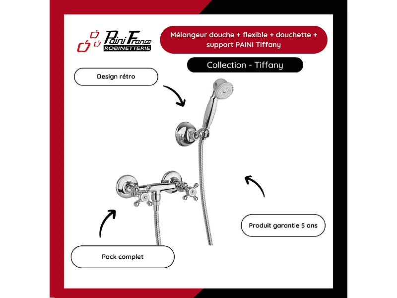 Mélangeur douche + flexible + douchette + support PAINI Tiffany Chromé