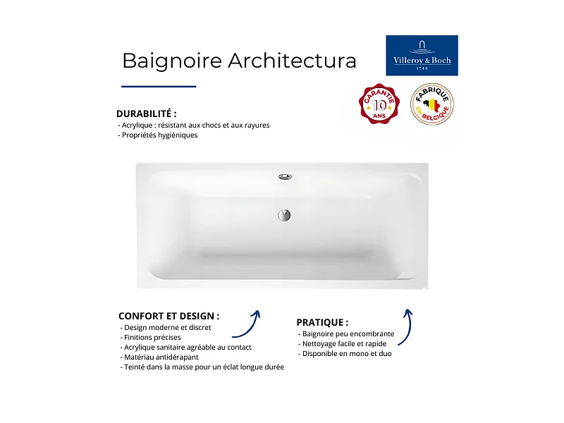 Baignoire droite VILLEROY & BOCH Architectura acrylique 180 x 80 cm  + Pare bain droite AURYS Raywall chromé