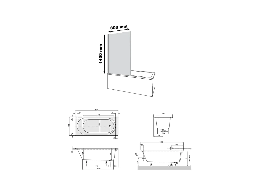 Baignoire Villeroy & Boch O.Novo droite, 160 x 70 cm, Blanc + paroi gauche Aurys Raywall, chromée