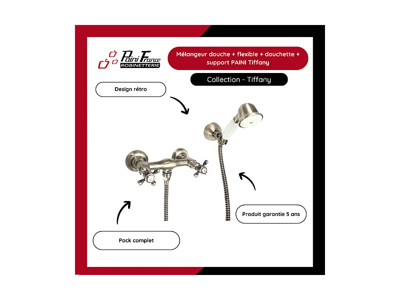Mélangeur douche + flexible + douchette + support PAINI Tiffany Gris Acier