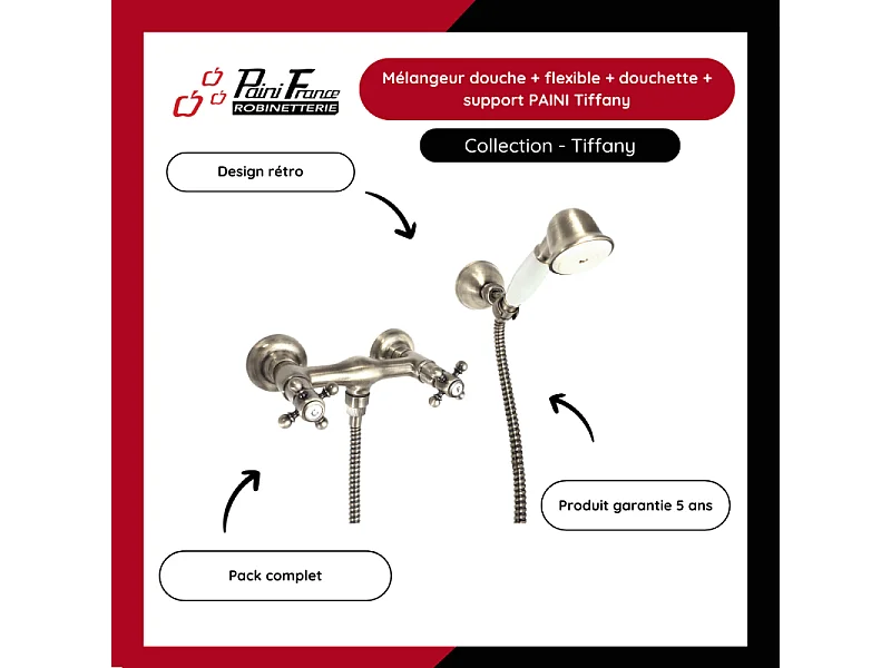 Mélangeur douche + flexible + douchette + support PAINI Tiffany Gris Acier