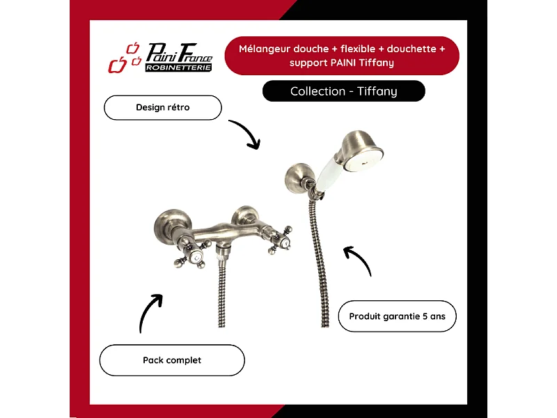Mélangeur douche + flexible + douchette + support PAINI Tiffany Gris Acier