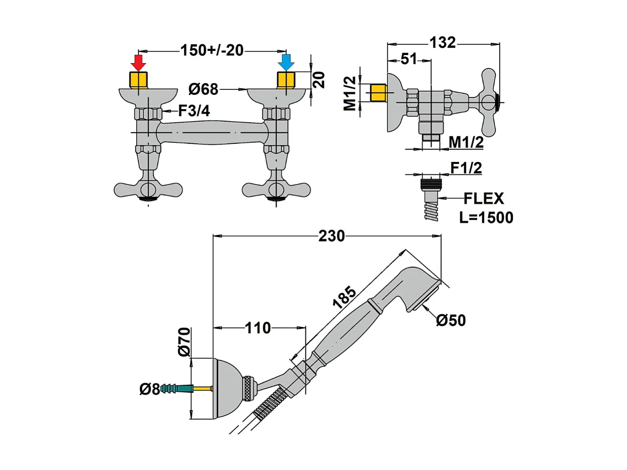 Mélangeur douche + flexible + douchette + support PAINI Tiffany Gris Acier