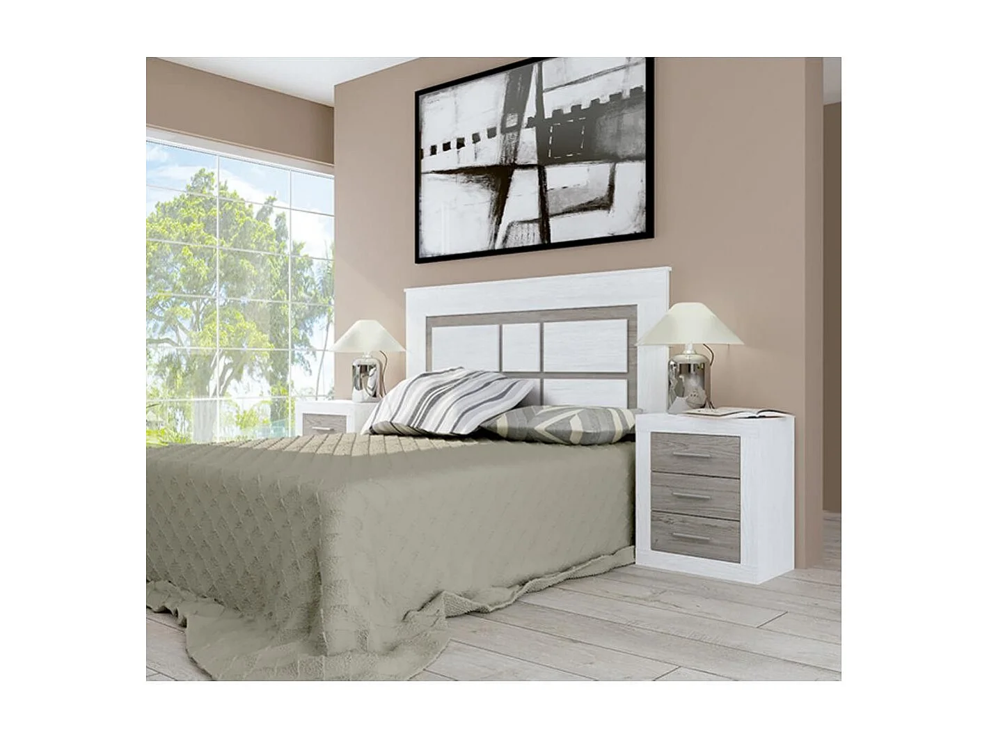 Mesita de noche de 3 cajones de 60x50x34,6 cm en tablero de melamina color pino Jana