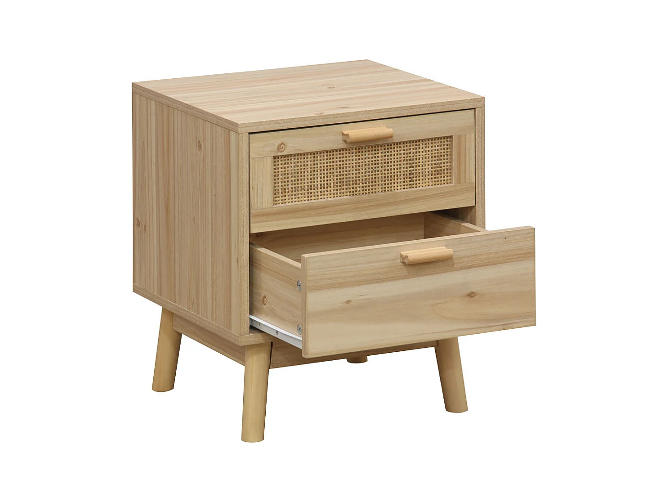 Mesita de noche de 2 cajones de 48x40x39 cm con frente de ratán en color beige Camile