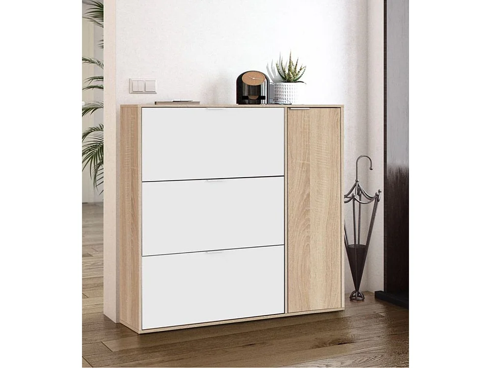 Zapatero de 4 puertas de 115x106x22 cm en tablero de partículas en beige y blanco Klaus