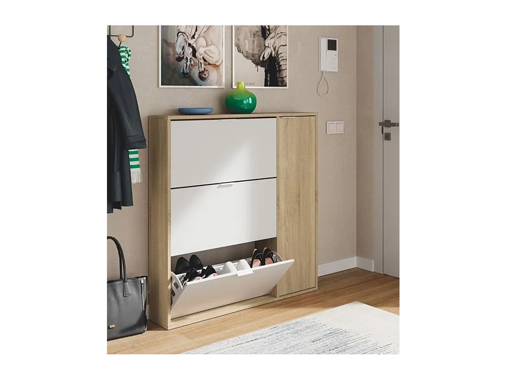 Zapatero de 4 puertas de 115x106x22 cm en tablero de partículas en beige y blanco Klaus