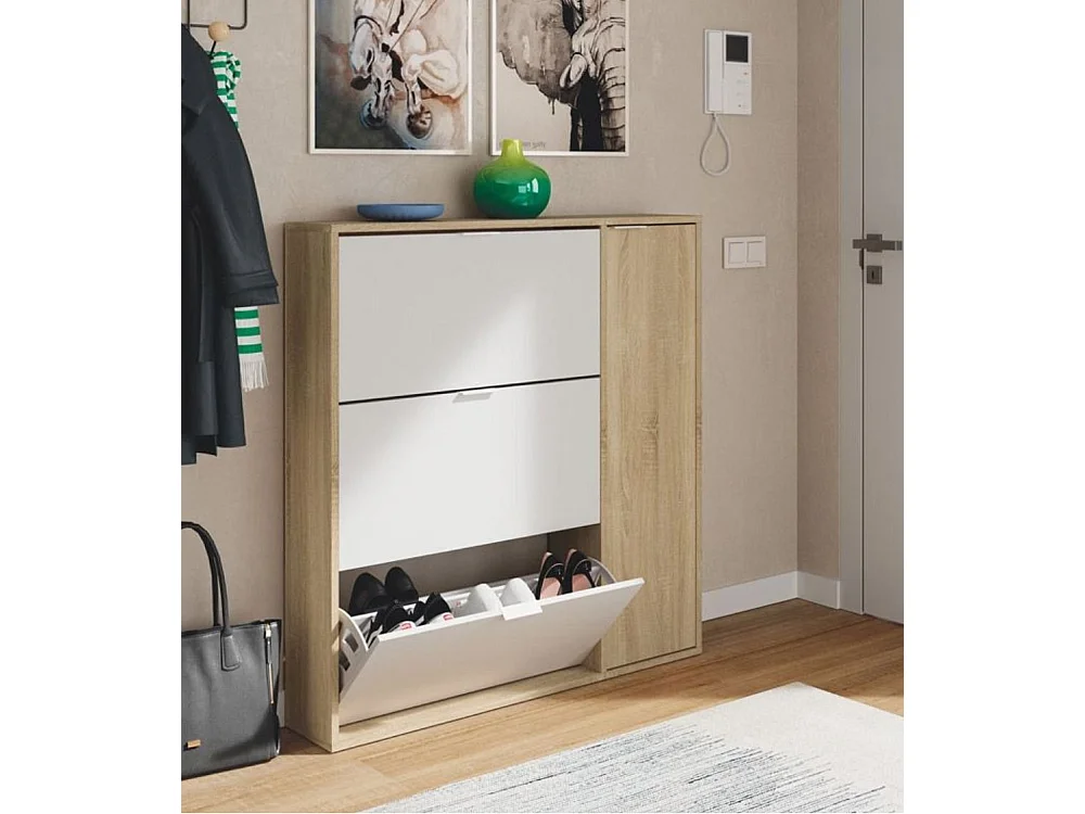 Zapatero de 4 puertas de 115x106x22 cm en tablero de partículas en beige y blanco Klaus