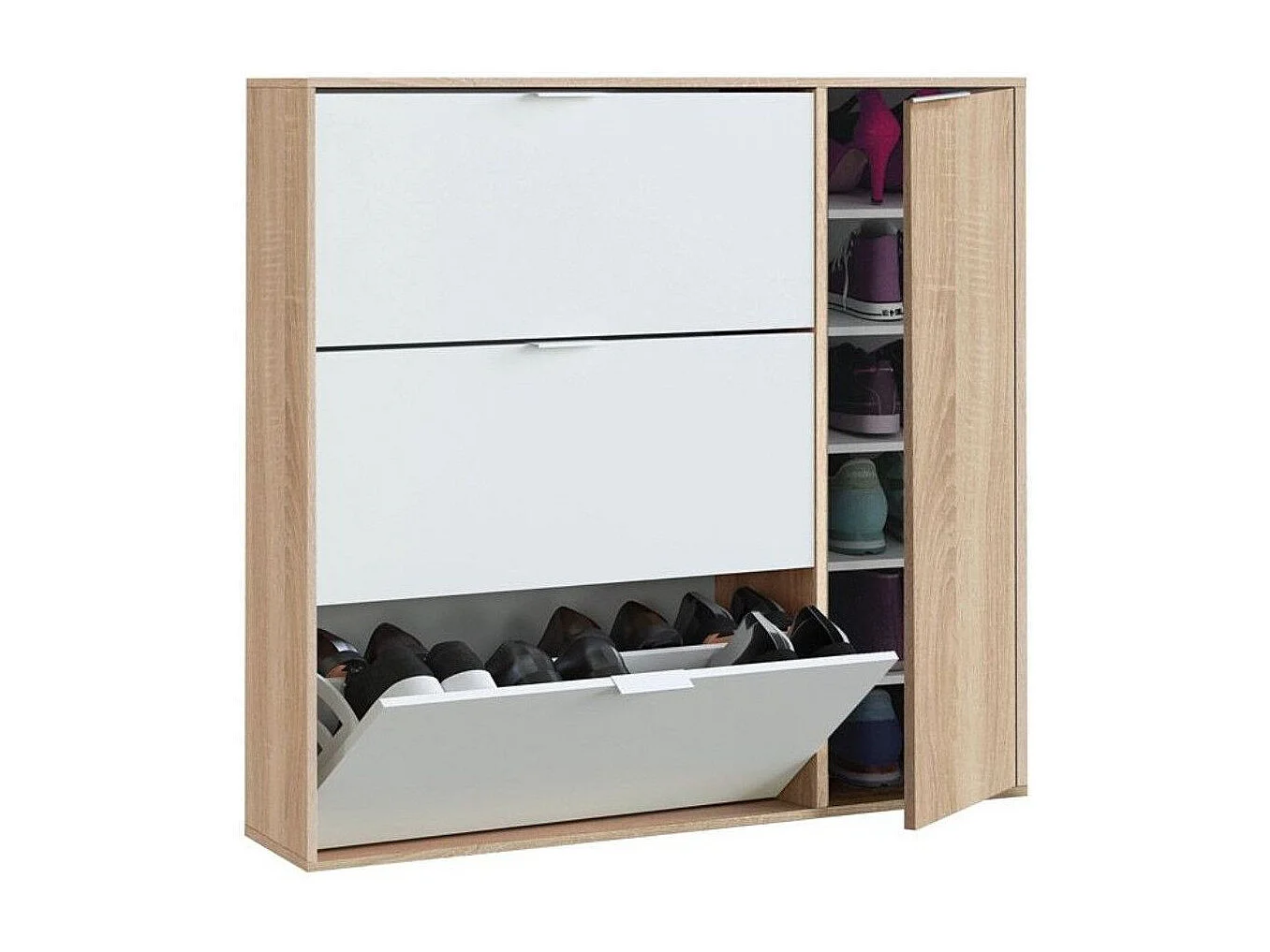 Zapatero de 4 puertas de 115x106x22 cm en tablero de partículas en beige y blanco Klaus