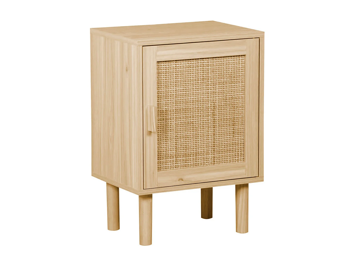 Mesita de noche de 1 puerta de 58x40x30 cm balda inferior y detalle ratán en beige Camile