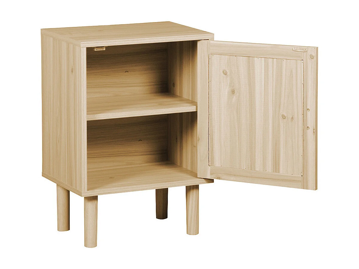 Mesita de noche de 1 puerta de 58x40x30 cm balda inferior y detalle ratán en beige Camile