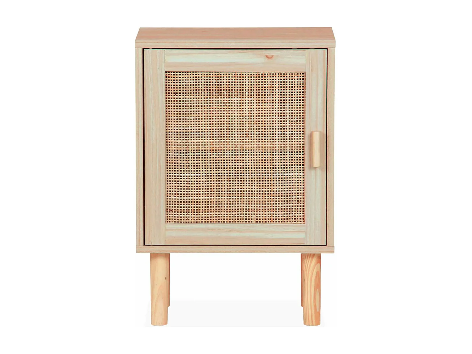 Mesita de noche de 1 puerta de 58x40x30 cm balda inferior y detalle ratán en beige Camile
