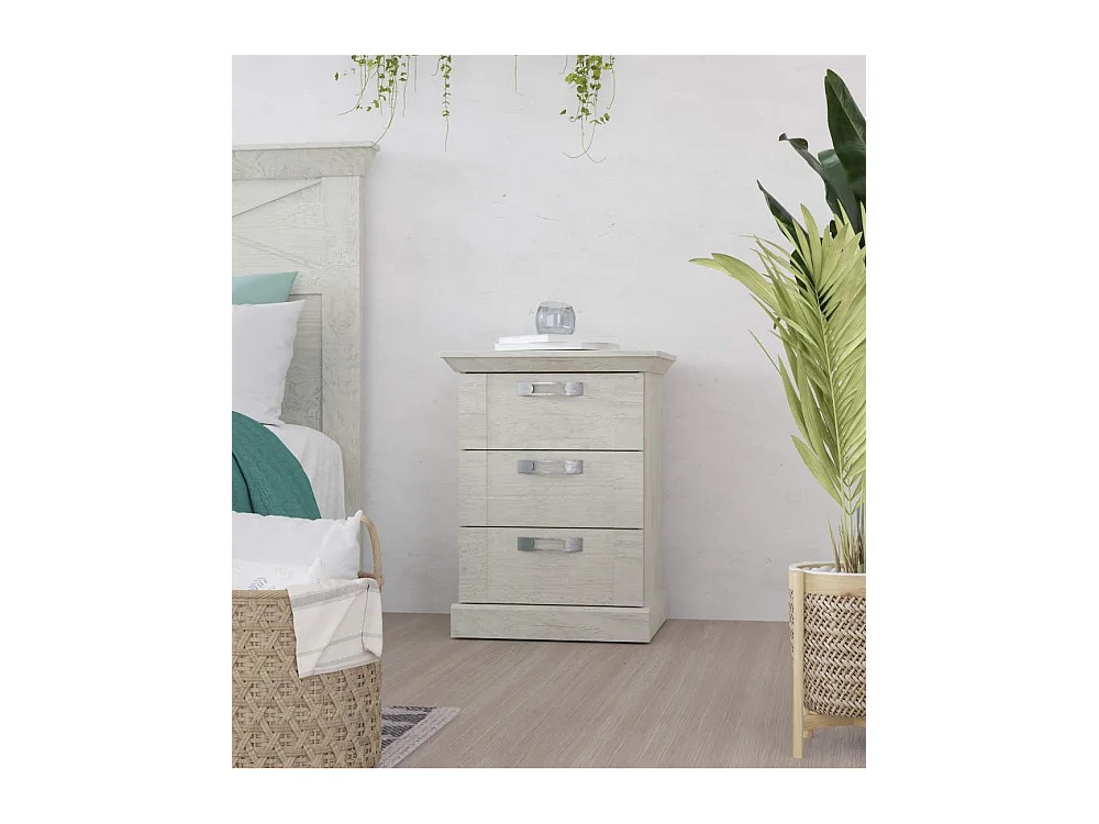 Mesita de noche de 3 cajones de 65,4x49,8x44,9 cm estilo rústico color blanco pino Karen