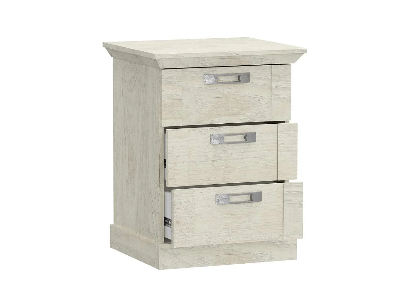 Mesita de noche de 3 cajones de 65,4x49,8x44,9 cm estilo rústico color blanco pino Karen