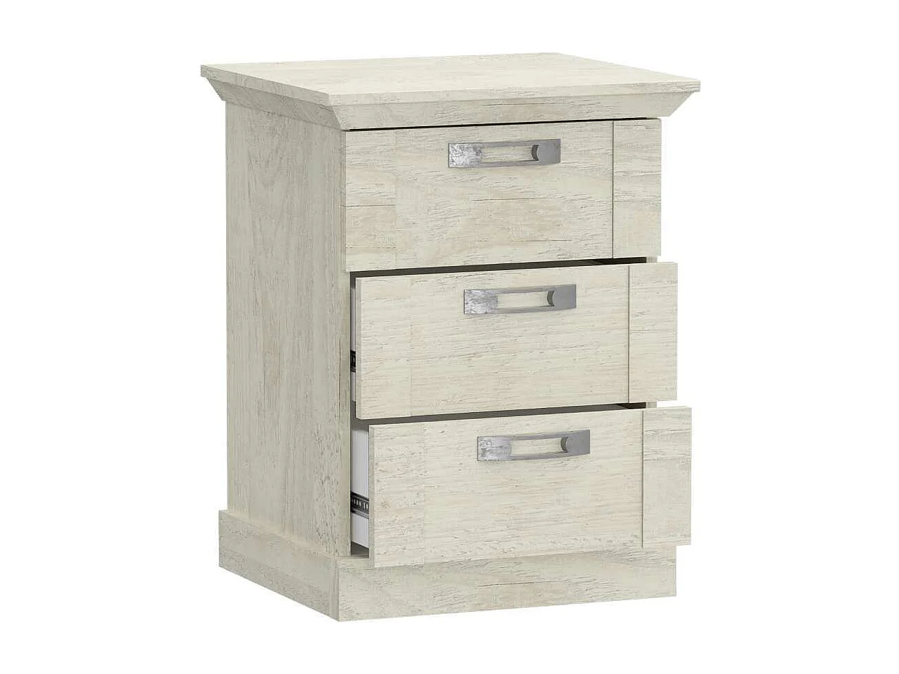 Mesita de noche de 3 cajones de 65,4x49,8x44,9 cm estilo rústico color blanco pino Karen