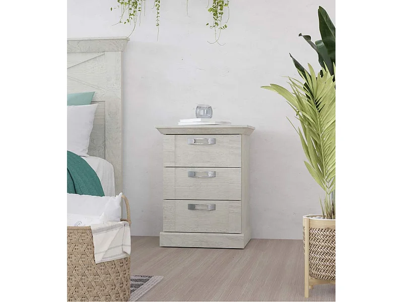 Mesita de noche de 3 cajones de 65,4x49,8x44,9 cm estilo rústico color blanco pino Karen