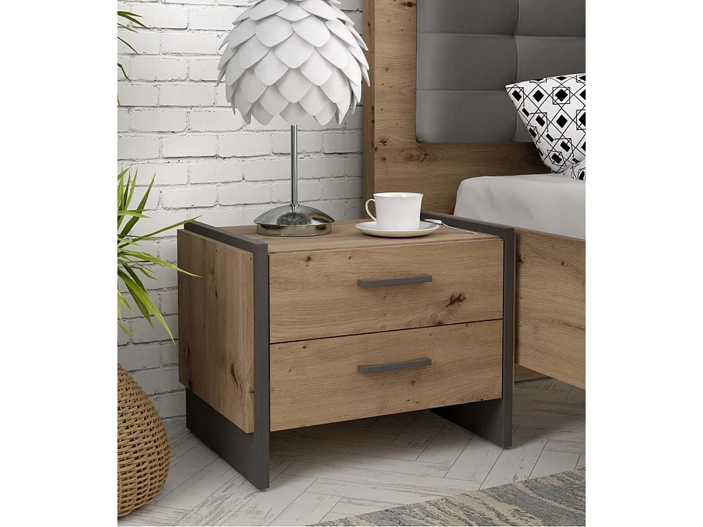 Mesita de noche de 2 cajones de 45x57x41 cm de estilo industrial en color roble Frank