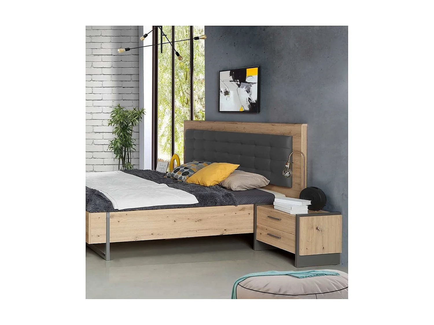 Mesita de noche de 2 cajones de 45x57x41 cm de estilo industrial en color roble Frank