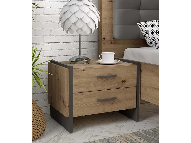 Mesita de noche de 2 cajones de 45x57x41 cm de estilo industrial en color roble Frank