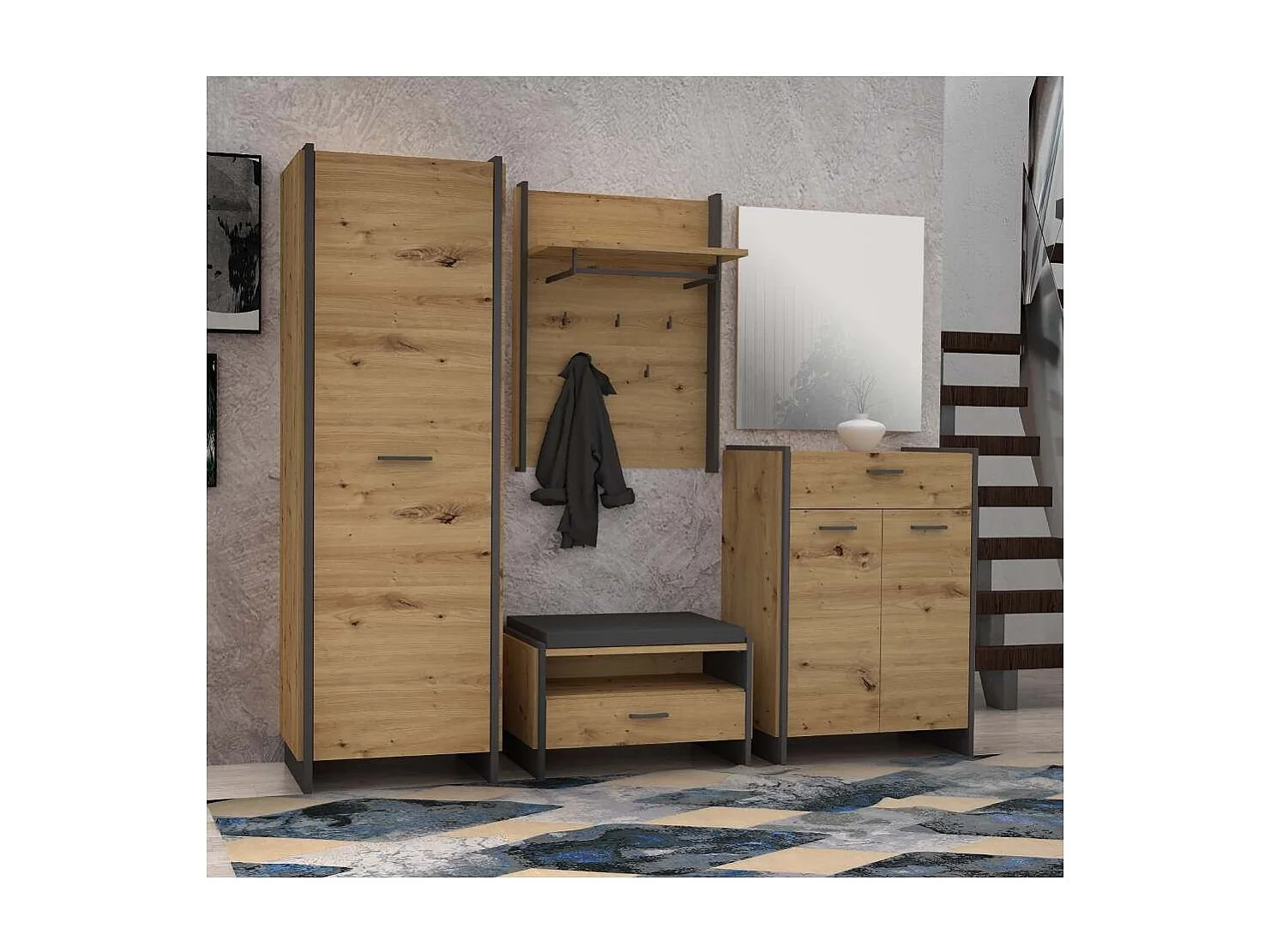 Banco recibidor de 47,9x87,1x41,3 cm de estilo industrial en color roble y antracita Frank