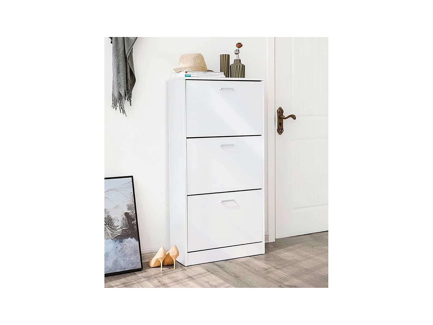 Zapatero de 3 puertas de 107x60x17 cm de diseño moderno de melamina en color blanco Vic