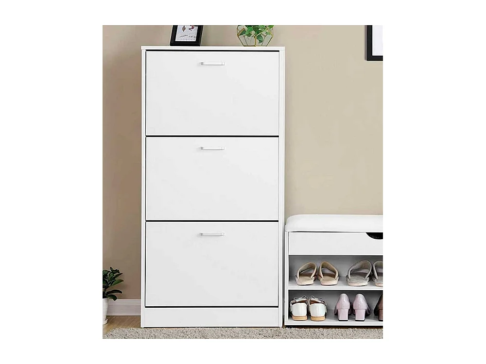 Zapatero de 3 puertas de 107x60x17 cm de diseño moderno de melamina en color blanco Vic