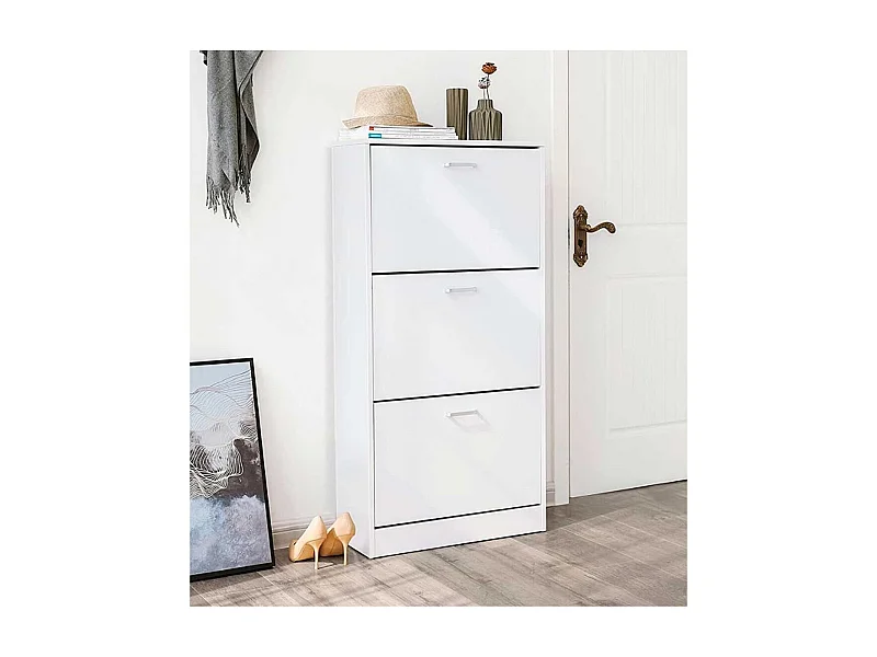 Zapatero de 3 puertas de 107x60x17 cm de diseño moderno de melamina en color blanco Vic