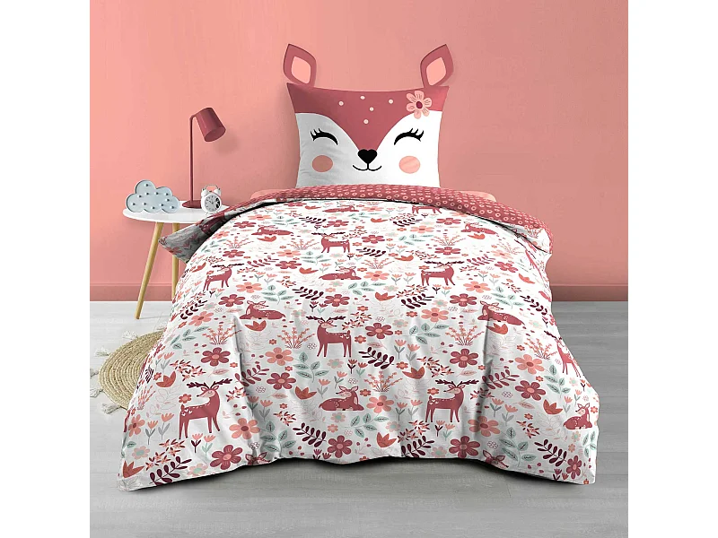 Parure de lit enfant réversible 140x200 coton Douceur d'Intérieur Biche