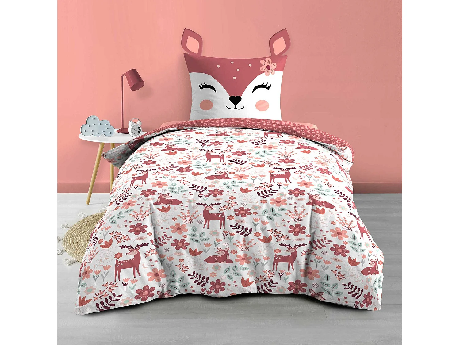 Parure de lit enfant réversible 140x200 coton Douceur d'Intérieur Biche