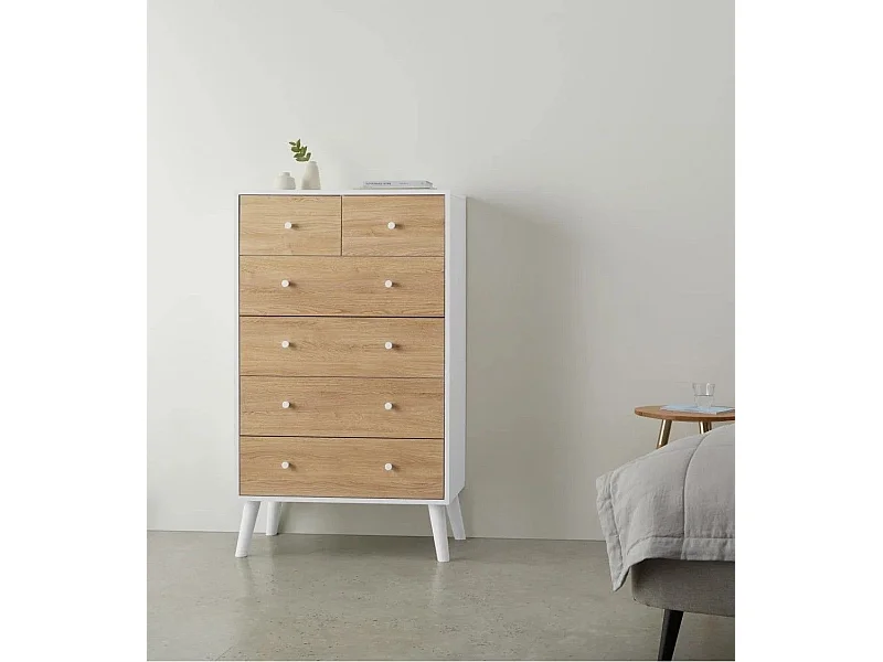 Sinfornier de 6 cajones de 128,4x80x45 cm de diseño escandinavo color blanco y roble Leah