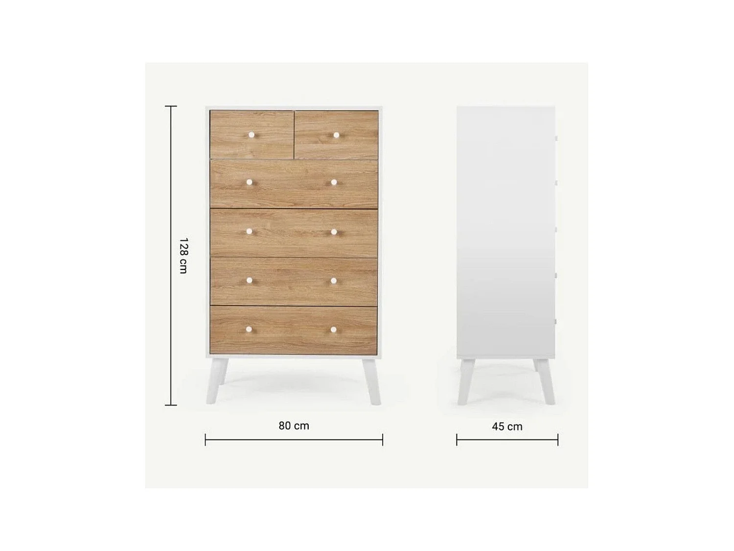 Sinfornier de 6 cajones de 128,4x80x45 cm de diseño escandinavo color blanco y roble Leah