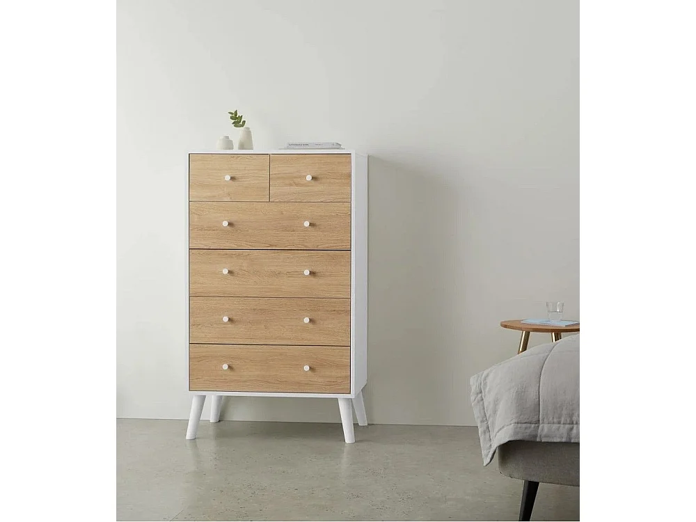 Sinfornier de 6 cajones de 128,4x80x45 cm de diseño escandinavo color blanco y roble Leah