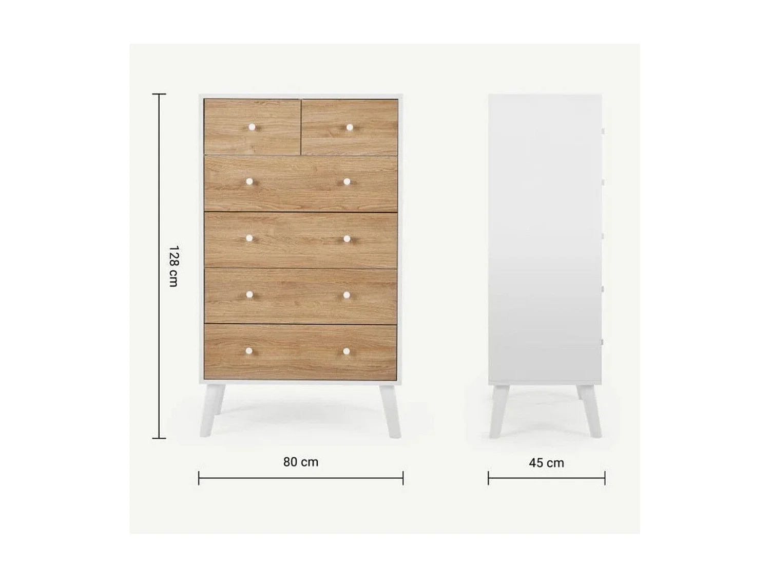 Sinfornier de 6 cajones de 128,4x80x45 cm de diseño escandinavo color blanco y roble Leah