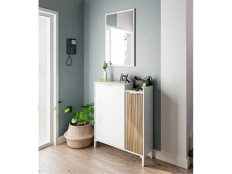 Recibidor con espejo de 91x77x24 cm con espacio de almacenaje color blanco y beige Edith