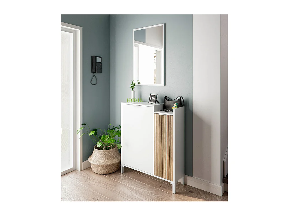 Recibidor con espejo de 91x77x24 cm con espacio de almacenaje color blanco y beige Edith