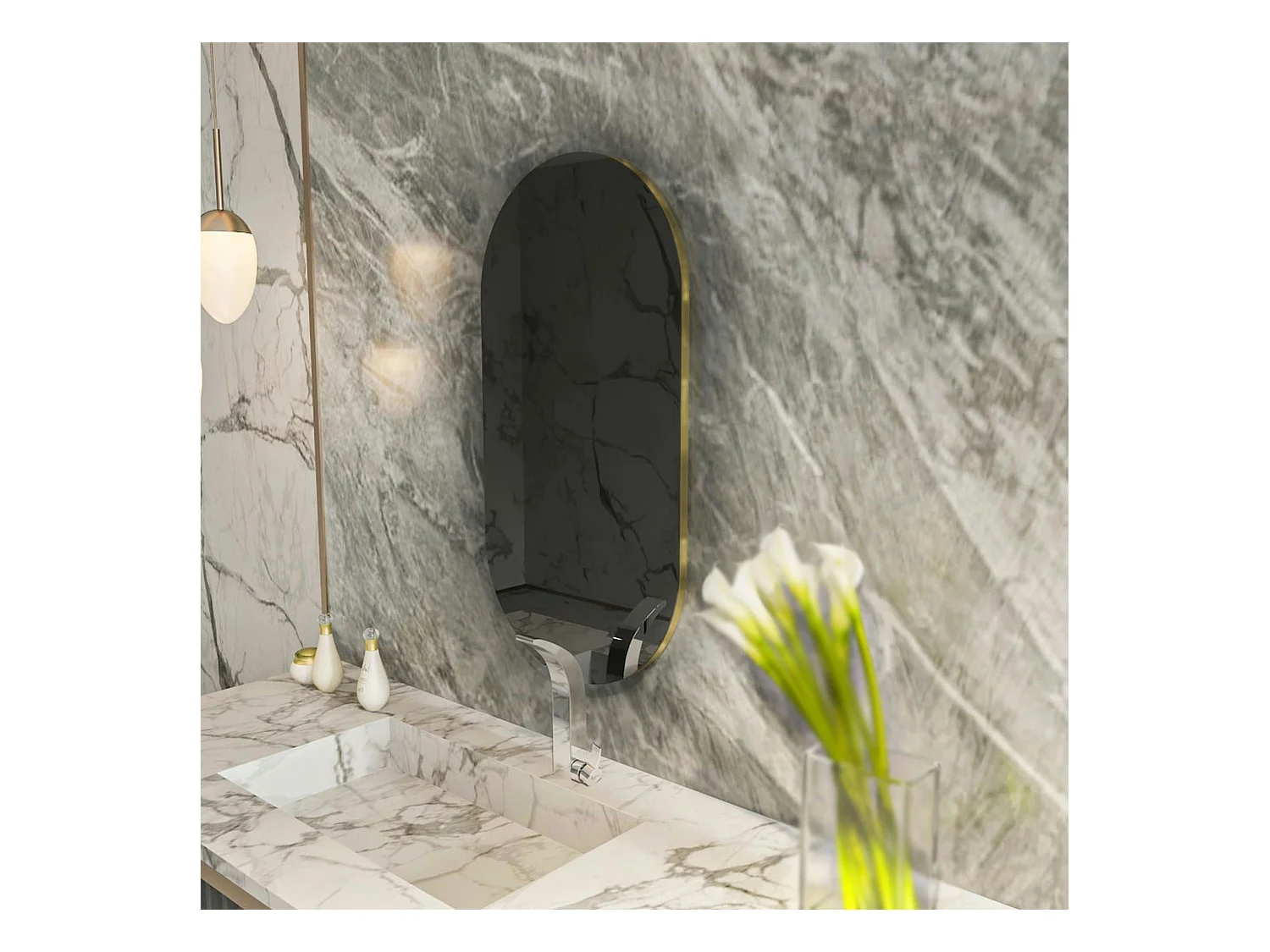 Miroir salle de bains ovale fumé, bordure dorée 85 cm CODY