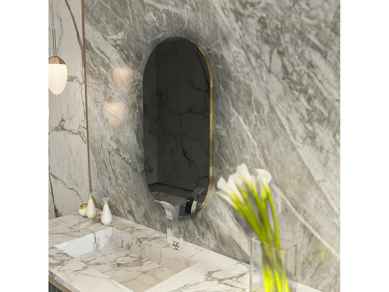 Miroir salle de bains ovale fumé, bordure dorée 85 cm CODY